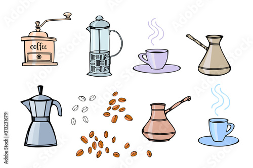 Set for a delicious coffee. Traditional coffee mills, pots,ccups and coffee beanes. Colorful  vector illustration. Vintage collection