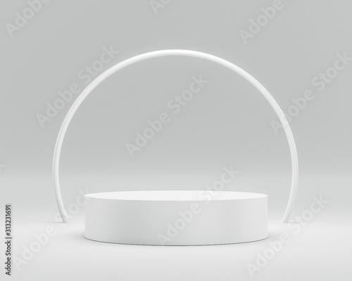 Empty podium or pedestal display on white background with circle ring and success concept. Blank product shelf standing backdrop. 3D rendering.