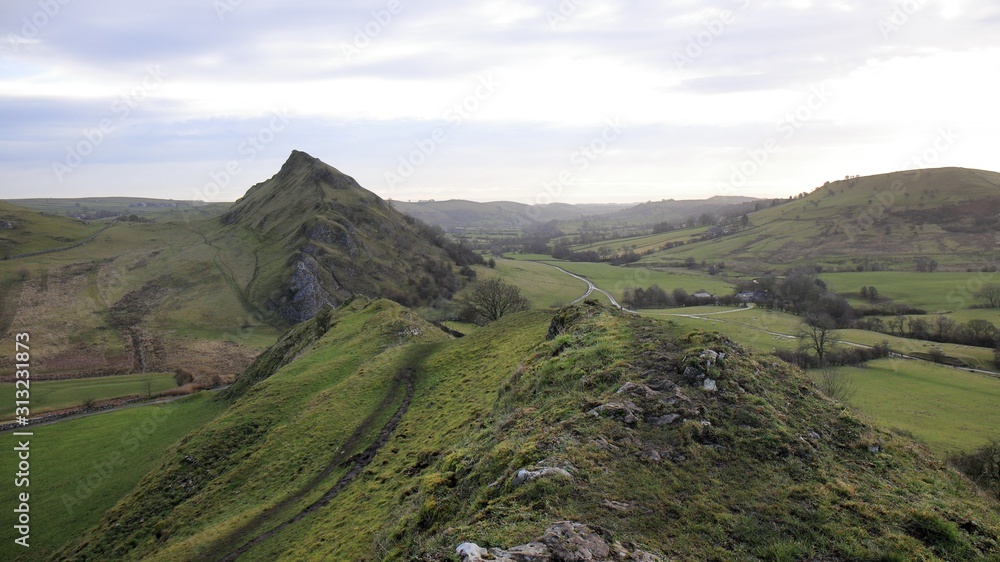 Parkhouse Hill from Chrome Hill, the remains of a limestone reef from the carboniferous period in the Derbyshire Dales, Peak District UK