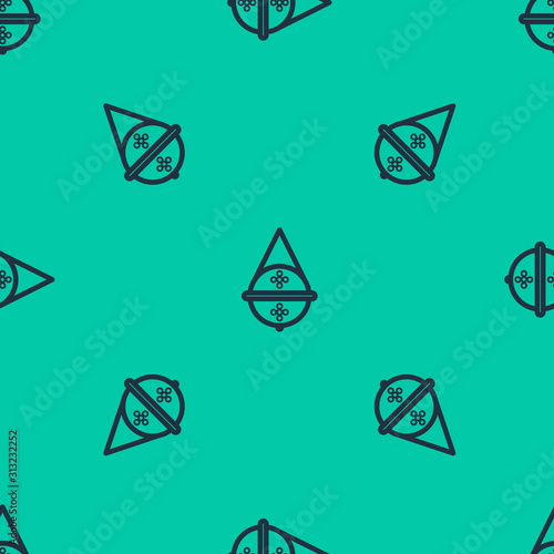 Blue line Ball tea strainer icon isolated seamless pattern on green background. Vector Illustration