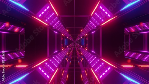 futuristic science-fiction tunnel corridor with metal steal wire-frame kontur and endless glowing lights 3d illustration background wallpaper graphic design