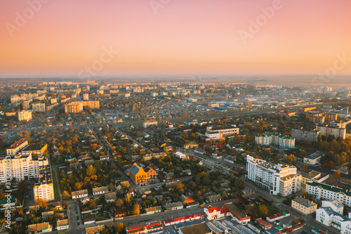 Pinsk, Brest Region, Belarus. Pinsk Cityscape Skyline In Autumn Morning. Bird's-eye View Of Residential Districts And Downtown