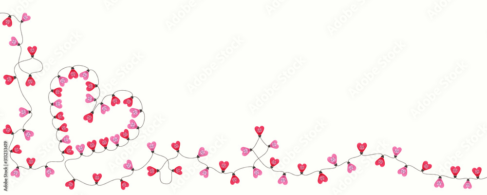 Colorful Valentine's Day Holiday Intertwined Heart Shape String Lights on White Background Vector Frame