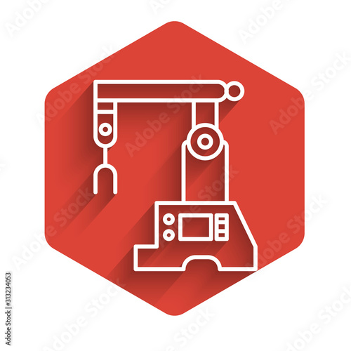 White line Assembly line icon isolated with long shadow. Automatic production conveyor. Robotic industry concept. Red hexagon button. Vector Illustration
