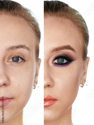 Portrait of a young woman. Collage before and after makeup. Isolate on white background.