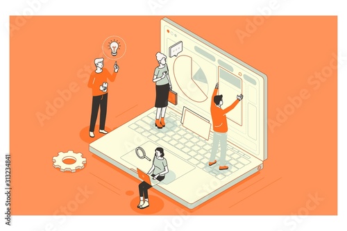 Data analysis concept. Teamwork of business analysts on holographic charts and diagrams of sales management statistics and operational reports.Isometric illustration