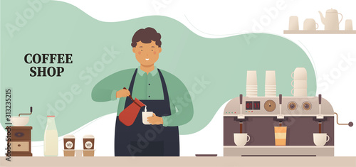 Coffee shop, young barista at the bar makes a hot drink, coffee. Coffee house concept with utensils, coffee maker and coffee grinder.