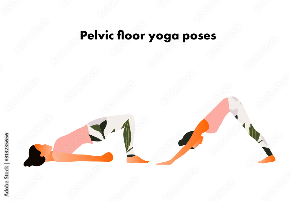Yoga Downward facing dog and bridge poses. Woman's health. Yoga asanas. Exercises for mom