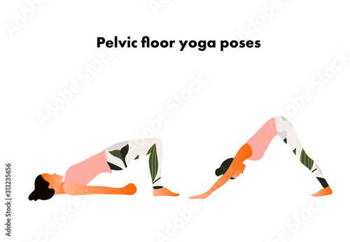 Yoga Downward facing dog and bridge poses. Woman's health. Yoga asanas. Exercises for mom. Vector cartoon illustration. 