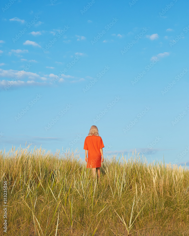 Woman walking away on summer field Woman walking away on summer field