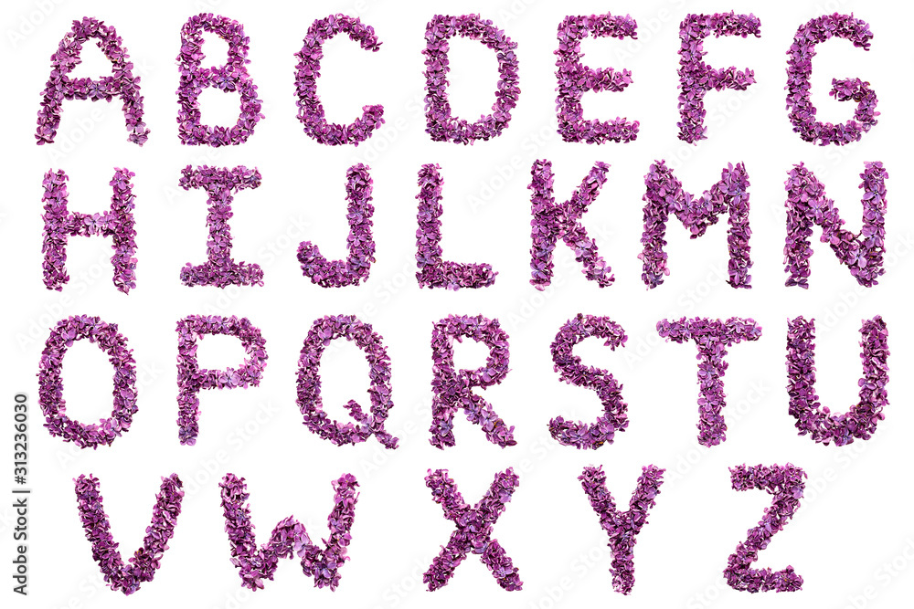 English alphabet of lilac petals isolated on white background English alphabet of lilac petals isolated on white background
