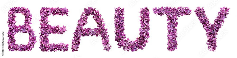 BEAUTY word text made of pink flowers isolated on white background