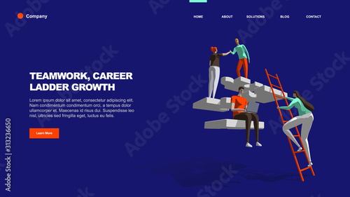 Teamwork business solution concept with persons and puzzle elements. Team Metaphor. Template for web banner, landing page. Flat vector illustration isolated on dark blue background.