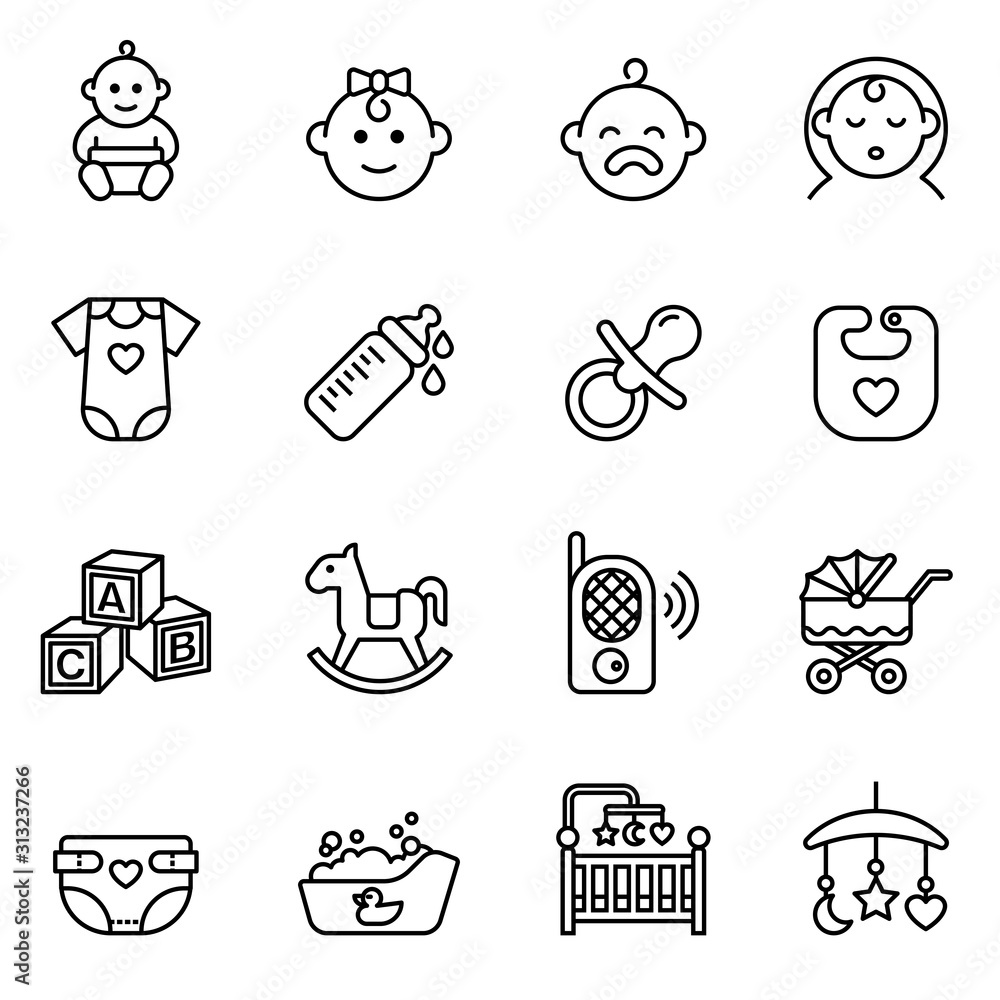 Baby, feeding and care icons set on white background. Line Style stock vector.