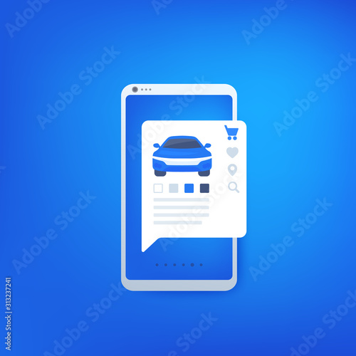 buy car online with mobile app, e-commerce concept, vector