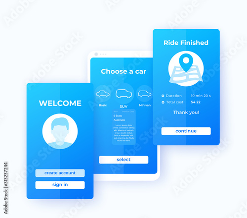 Car rent mobile app ui, vector