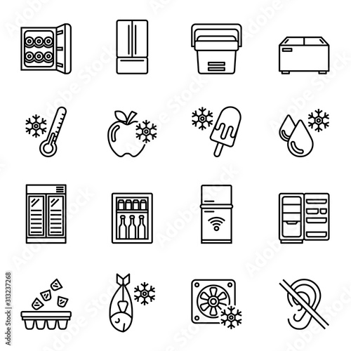 Kitchen Appliances, Equipment, Freeze Refrigerator icon set with white background. Line style stock vector.