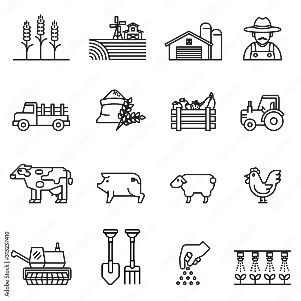 Farm and Agriculture line icon set with white background. Farmers ...