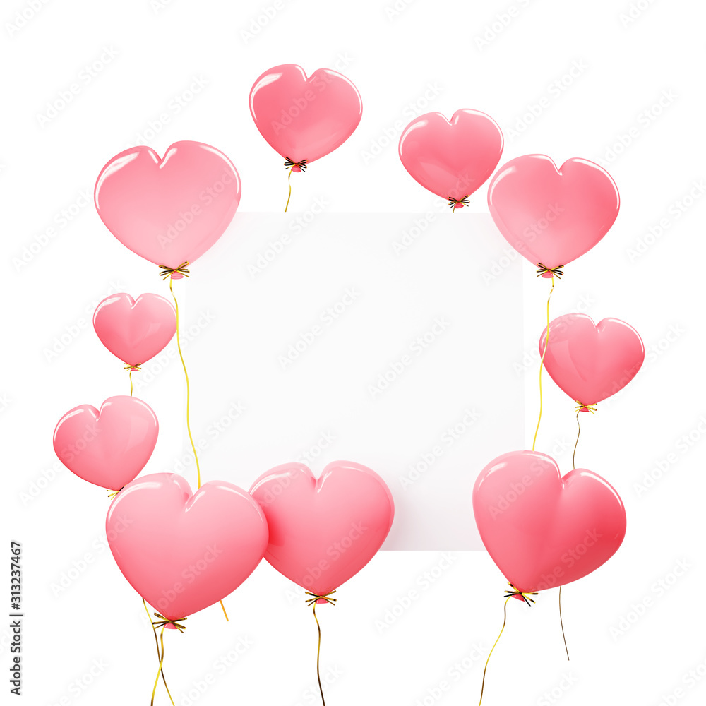 Pink heart shaped balloons, Happy Valentine's Day, frame for text. 3d illustration.