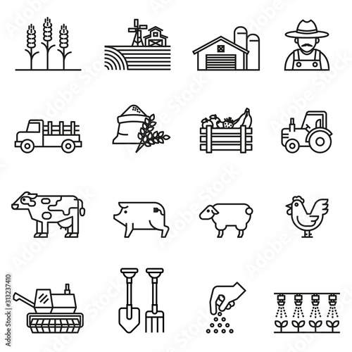 Farm and Agriculture line icon set with white background. Farmers, Plantation, Gardening, Animals, Objects, Harvester trucks, Tractors.
