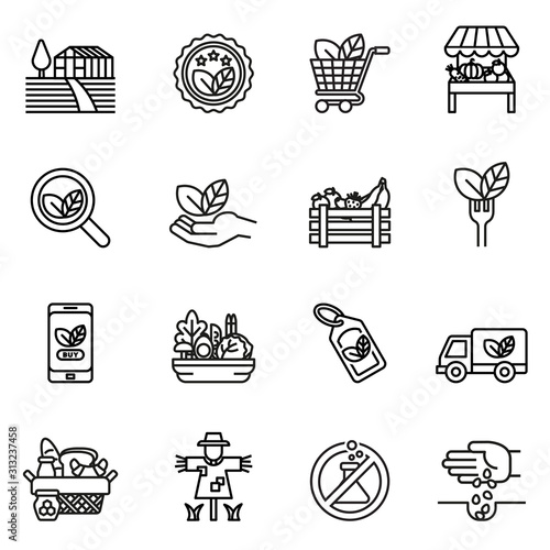 Farm and Agriculture line icon set with white background. Farmers, Plantation, Gardening, Animals, Objects, Harvester trucks, Tractors.