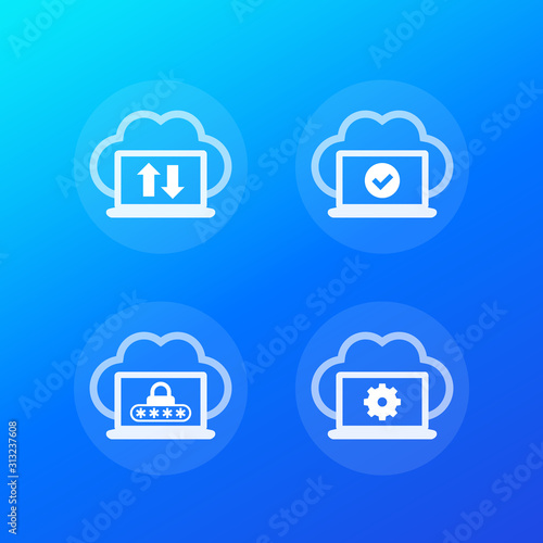 sync with cloud, synchronization completed, protected data, vector icons