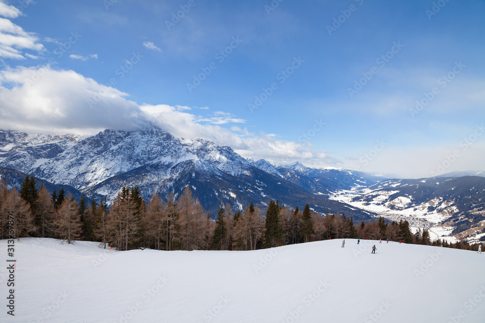 Monte Elmo, Dolomites, Italy - Mountain skiing and snowboarding. Sexten (Sesto), Trentino-Alto Adige, Puster Valley (Alta Pusteria), South Tyrol.	