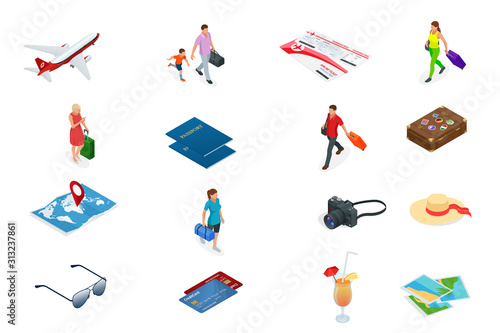 Isometric Tourism and Booking App iconcs. Travel equipment and luggage on a mobile laptop touch screen. Travel and tourism background.