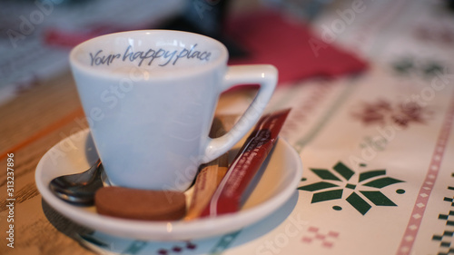 Fototapeta Naklejka Na Ścianę i Meble -  Blank cup of coffie with cake and spoon