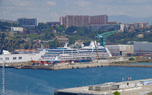 Luxury cruise ship liner get overhaul or renovation or refit or maintenance work in dry dock in Marseille, France