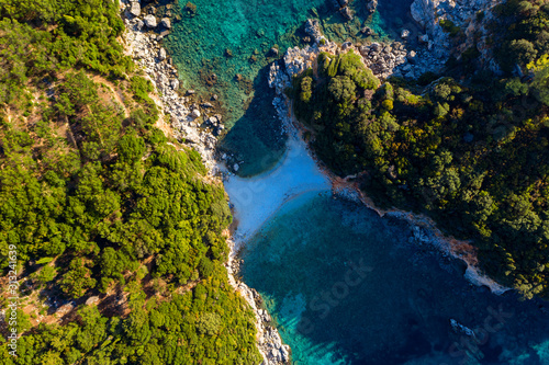 Aerial of a hidden beach on Corfu island