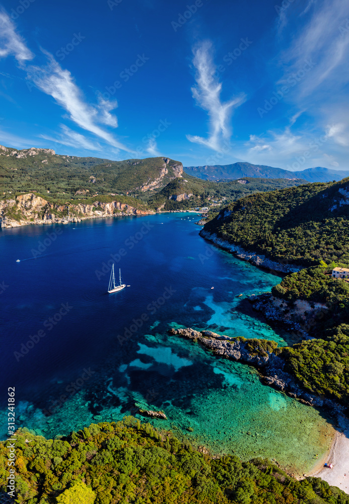 Aerial of mediterranean bay on Corfu island