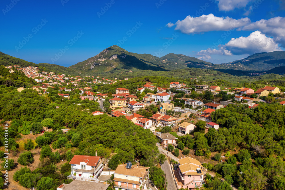 Aerial of mediterranean greek village Áyios Matthaíos