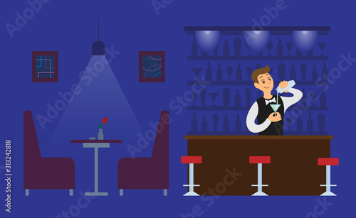 Night club bartender in empty hall with drink glass vector. Male working in evening shifts  alcoholic beverage in bottle  servant sommelier with bar