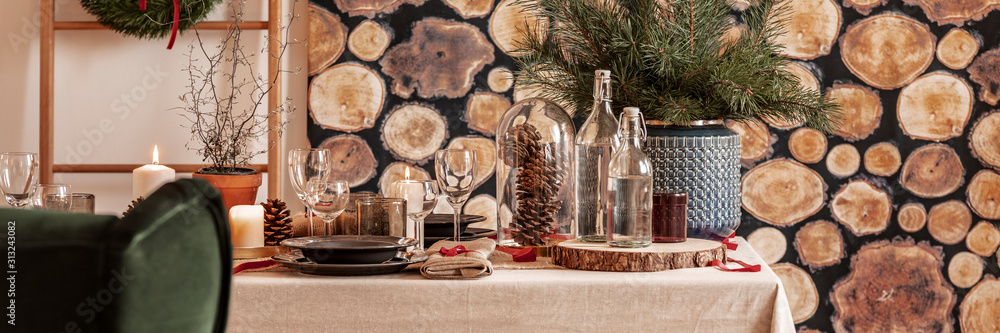 Panoramic view of natural Christmas table decoration