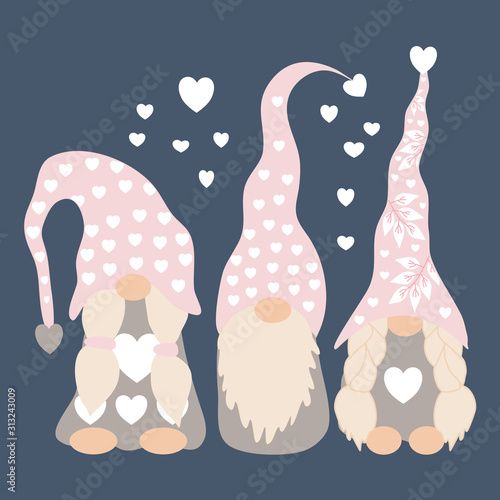 vector illustration with 3 gnomes and hearts