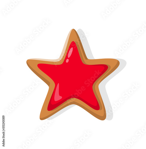 Star baked gingerbread isolated on white. Cookie traditional element for New Year and Christmas. Red sweet confectionery dessert in realistic style vector