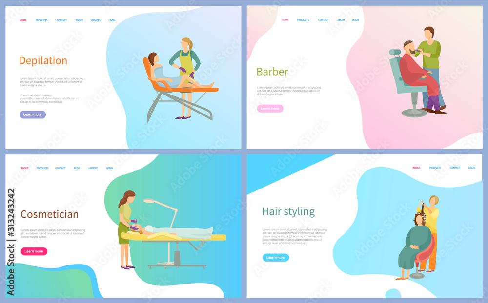 Depilation and cosmetician, barber and hair styling web page, sitting client and working master. Beauty salon website with links, spa procedures vector. Template landing page in flat style Depilation and cosmetician, barber and hair styling web page, sitting client and working master. Beauty salon website with links, spa procedures vector. Template landing page in flat style