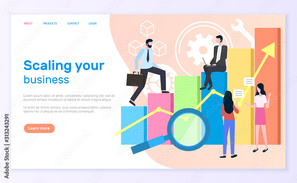 Scaling business, graphic or chart and entrepreneurs. Statistics and analytics, businessman and businesswoman, magnifier and economic growth. Website or webpage template, landing page in flat style Scaling business, graphic or chart and entrepreneurs. Statistics and analytics, businessman and businesswoman, magnifier and economic growth. Website or webpage template, landing page in flat style
