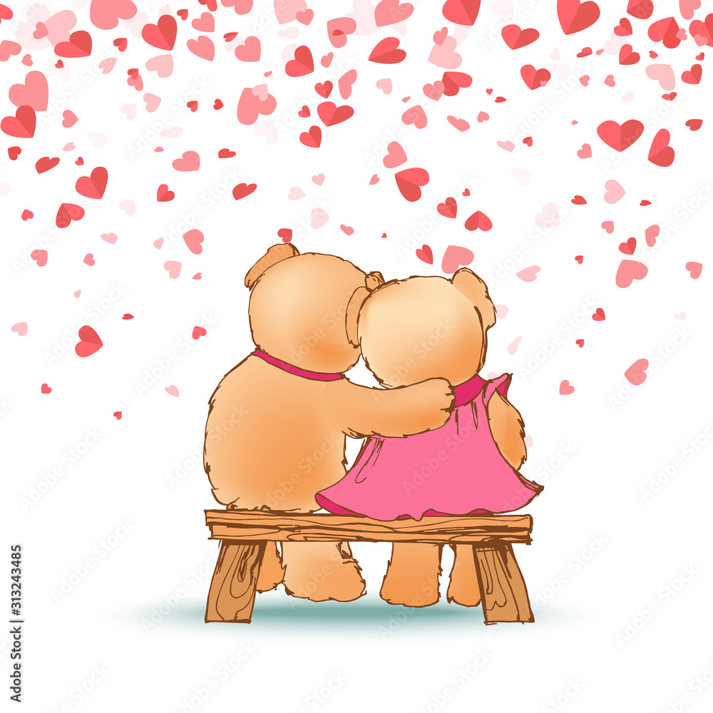 Hugging teddy bears sitting on wooden bench on background of red hearts.  Happy toy animals couple back view, romantic cartoon Valentines day card  Stock Vector | Adobe Stock