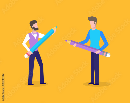 People holding big wooden pencil with erasers vector. Person studying, males with friend wearing formal wear, students ready to write thesis and essay
