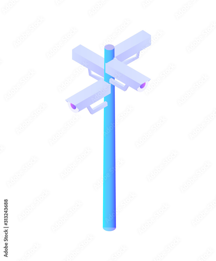 Video surveillance with cameras on stand isolated icon vector. Protection and safety regulation, control of movements and actions, modern city guard Video surveillance with cameras on stand isolated icon vector. Protection and safety regulation, control of movements and actions, modern city guard