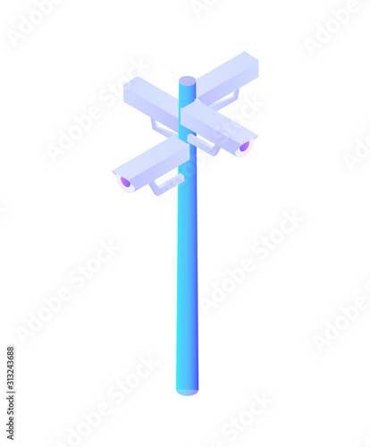 Video surveillance with cameras on stand isolated icon vector. Protection and safety regulation, control of movements and actions, modern city guard