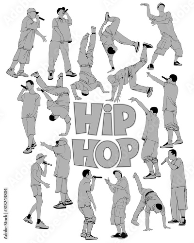 Print for t-shirts and posters with hip hop artists. Isolated silhouettes of people on white background