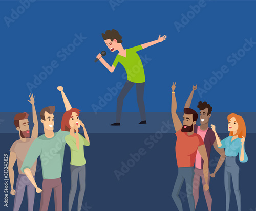 Music singer on stage, crowd of happy fans beneath vector. People listening to musician, shouting and screaming. Nightlife and performance from male