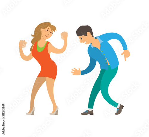 Dancing people at party isolated dancers clubber vector. Couple hobby, man and woman moving bodies on sounds of music song. Happy adults relaxing