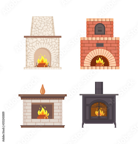 Fireplace with wooden shelf and vase on top vector isolated icons set. Bricks and stones pavement, installed furnace stove made of metal iron vintage
