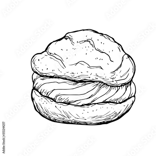 Bun. Illustrations for coffee houses or cafes. Hand drawn vector illustration. Monochrome black and white ink sketch. Isolated on white background. Coloring page.