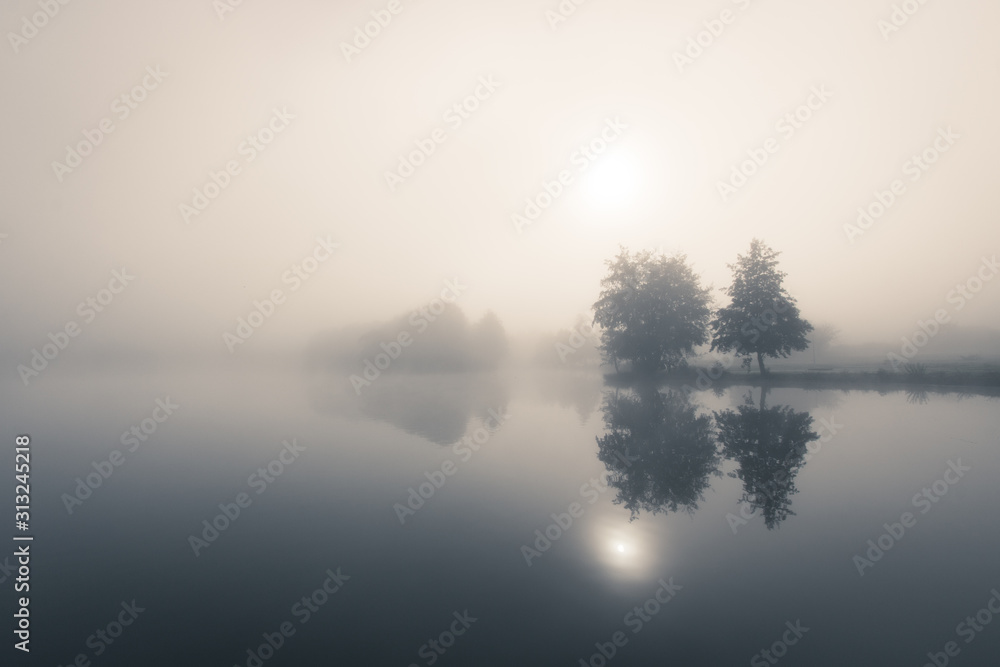 paysage de brouillard sur le lac d'autun