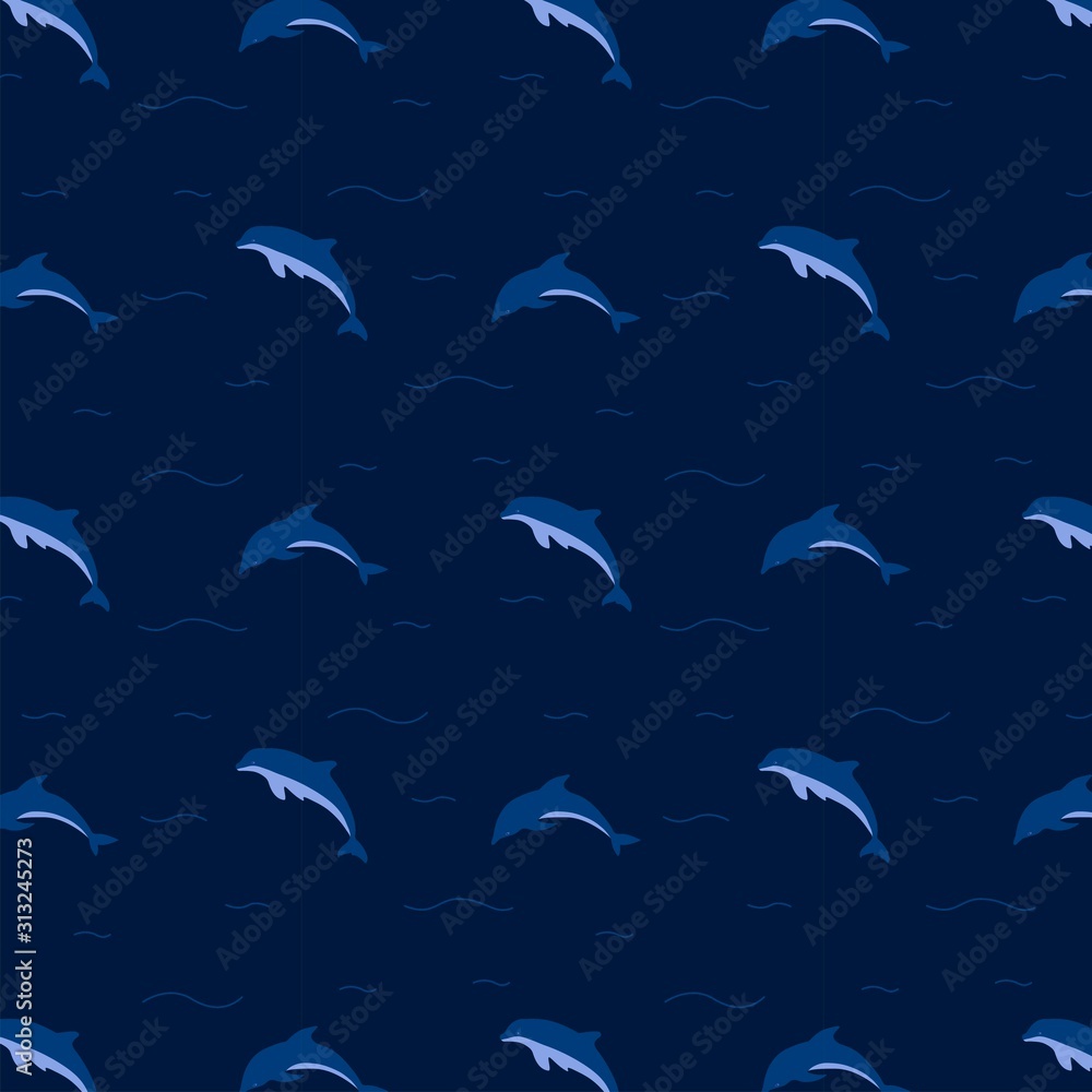 A seamless pattern on a blue background of dolphins in the ocean. Colorful illustration, wrapping and packaging vector A seamless pattern on a blue background of dolphins in the ocean. Colorful illustration, wrapping and packaging vector